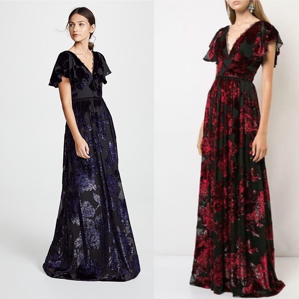 Marchesa Notte Flutter Sleeve Velvet Burnout Gown